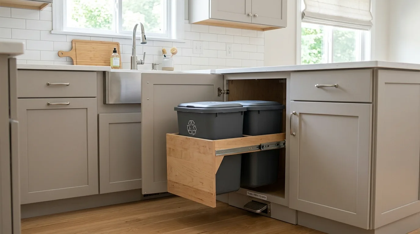 A simple under counter hidden trash can cabinet in a modest but tidy kitchen, no people