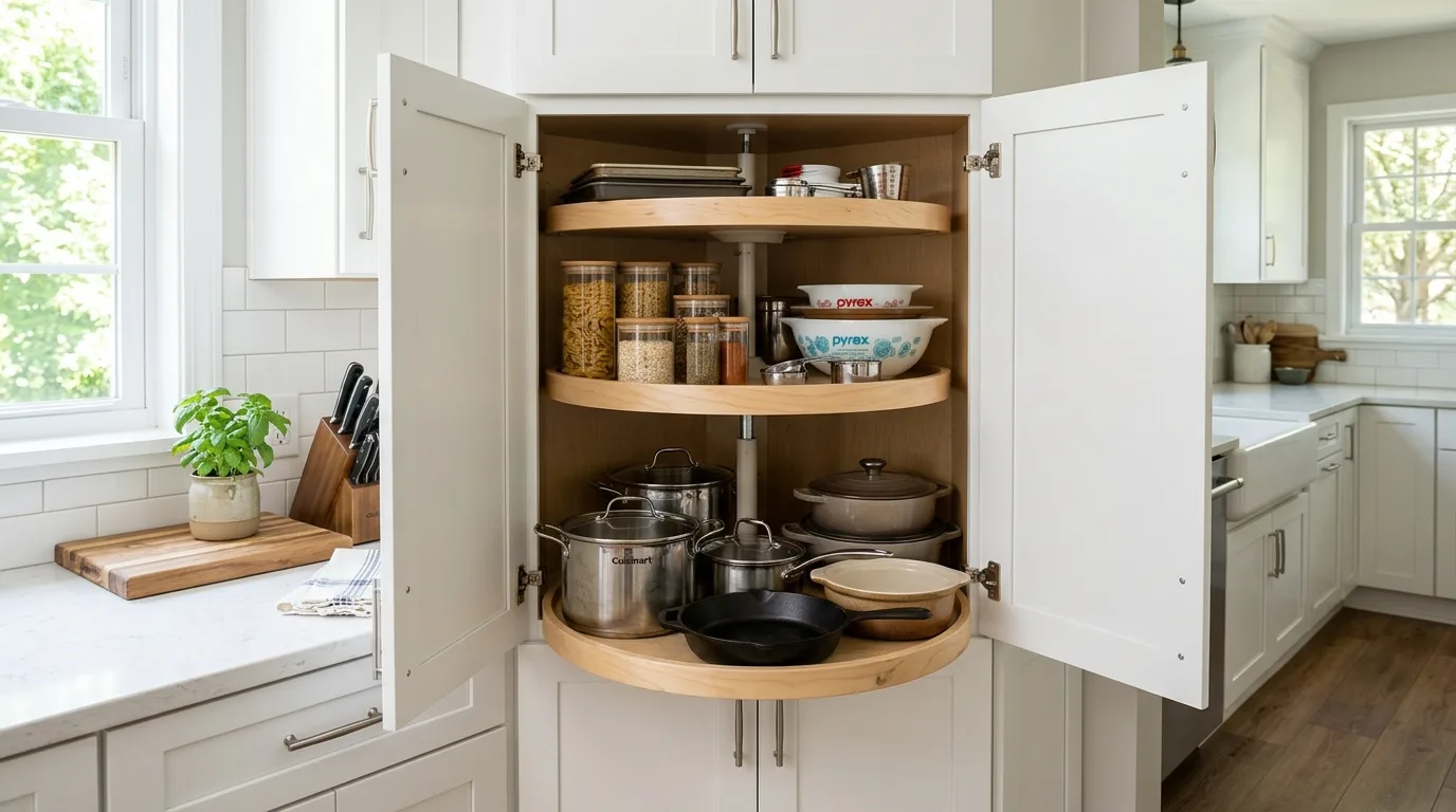 An L shaped DIY corner cabinet with deep swing shelves installed neatly into an awkward room corner, no people