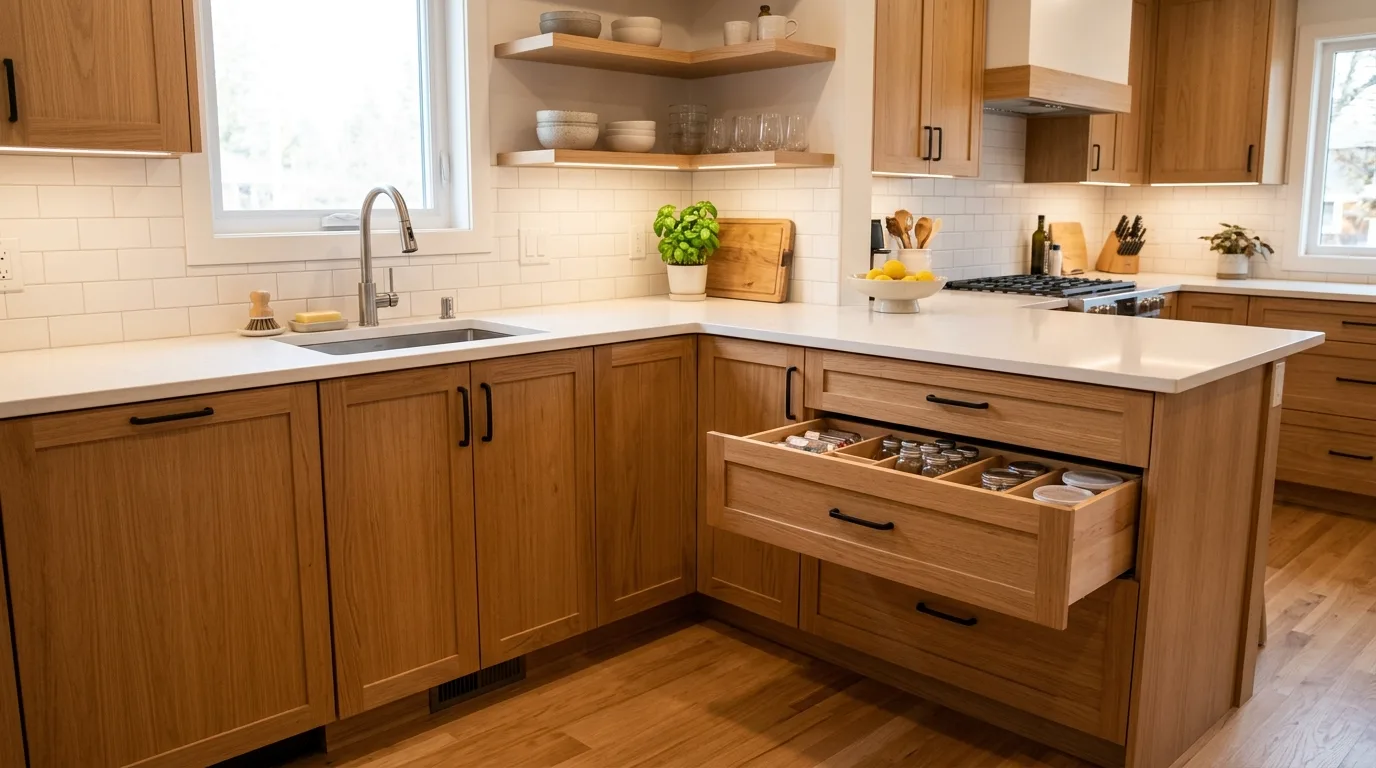 A farmhouse style DIY corner cabinet hutch with glass upper doors and a closed storage base in a cozy room corner, no people