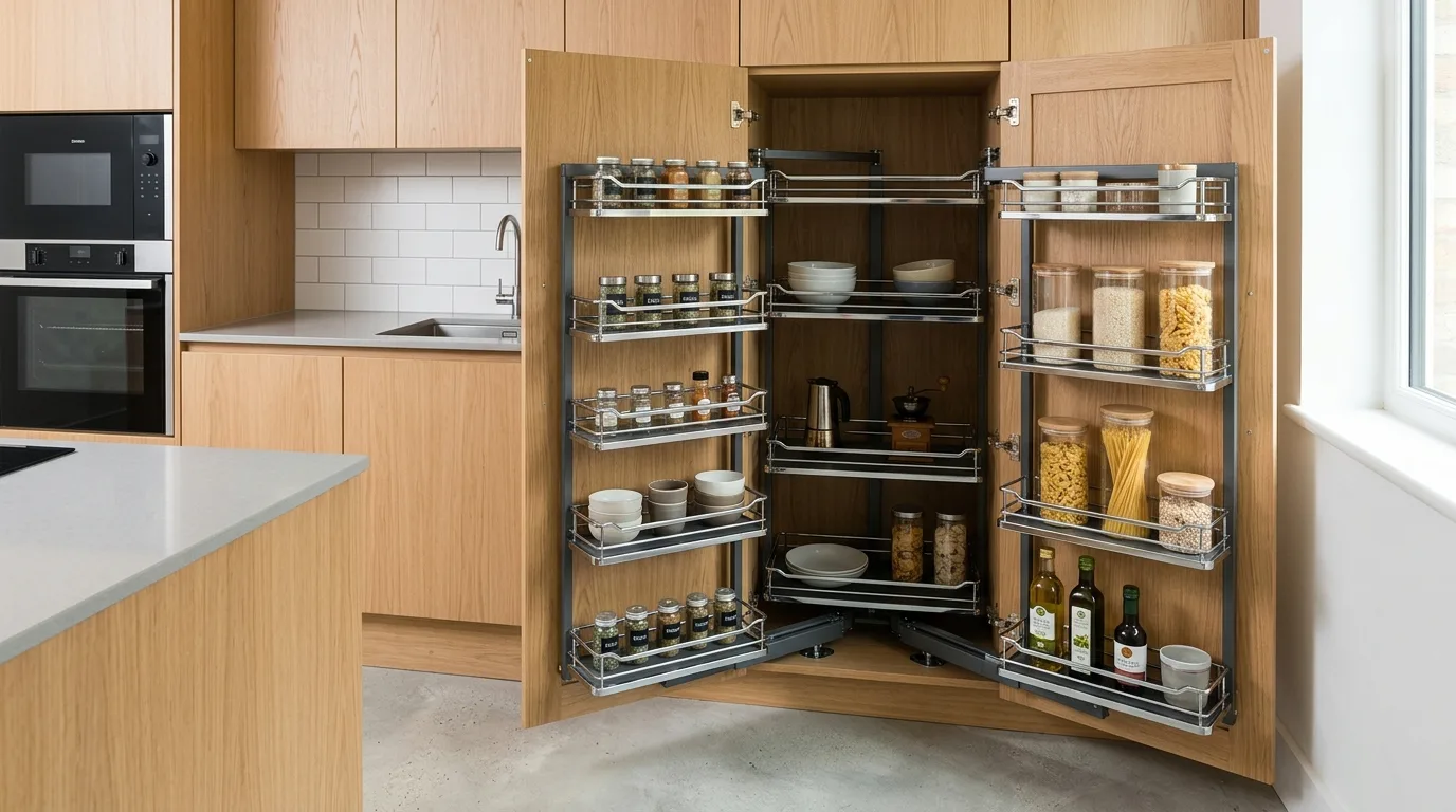 A slim DIY corner cabinet in an entryway designed for bags keys and everyday clutter control, no people