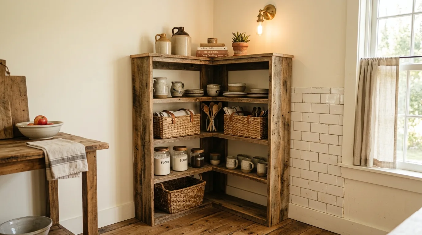 A built in DIY corner cabinet with open cubbies arranged beside a cozy reading nook, no people