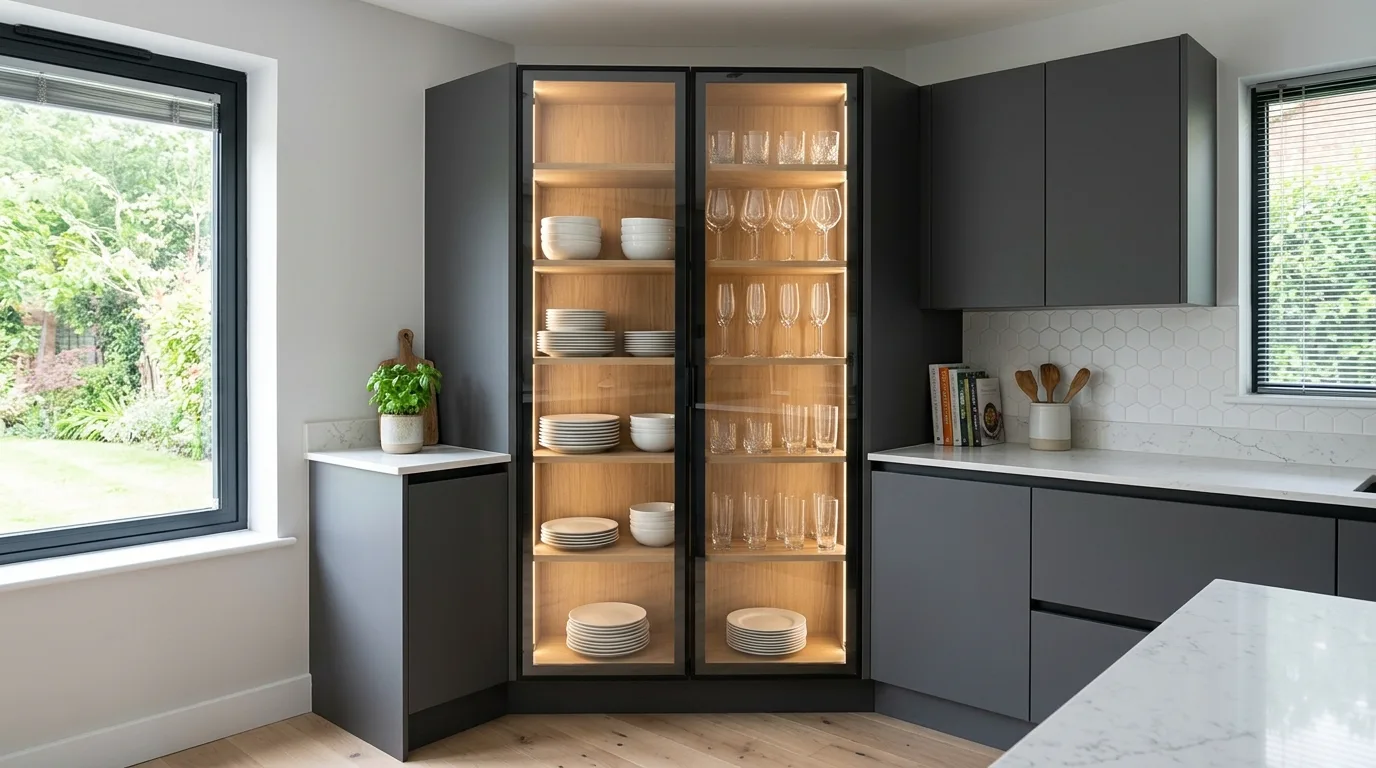 A DIY kitchen corner cabinet with pull out trays storing cookware in an efficient lower corner, no people