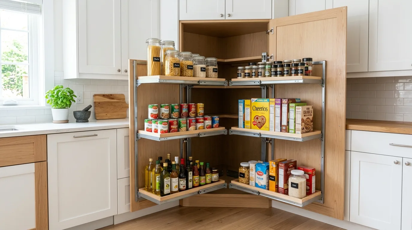 A modern floating DIY corner cabinet mounted to the wall with a clean minimal look, no people