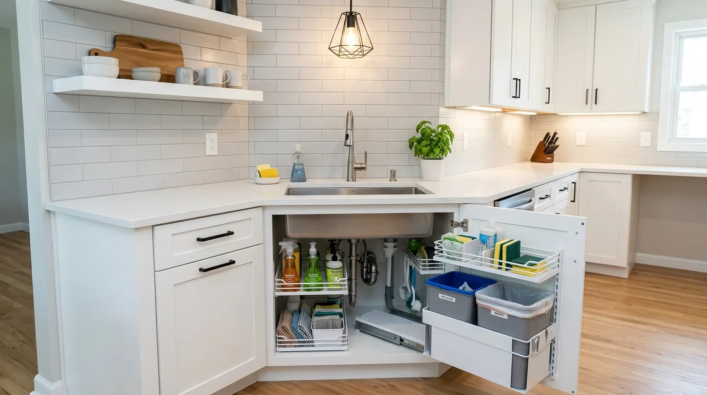 A tall DIY dining room corner cabinet storing dishes glassware and seasonal serving pieces, no people