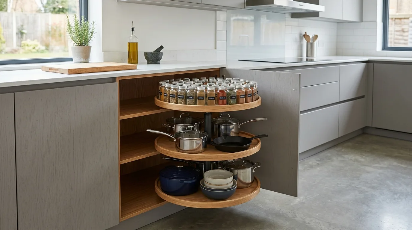 A diagonal DIY corner media cabinet in a living room with storage for electronics and decor, no people