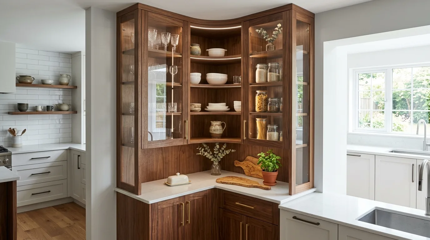 A functional DIY office corner cabinet with a printer shelf and lower file drawers, no people