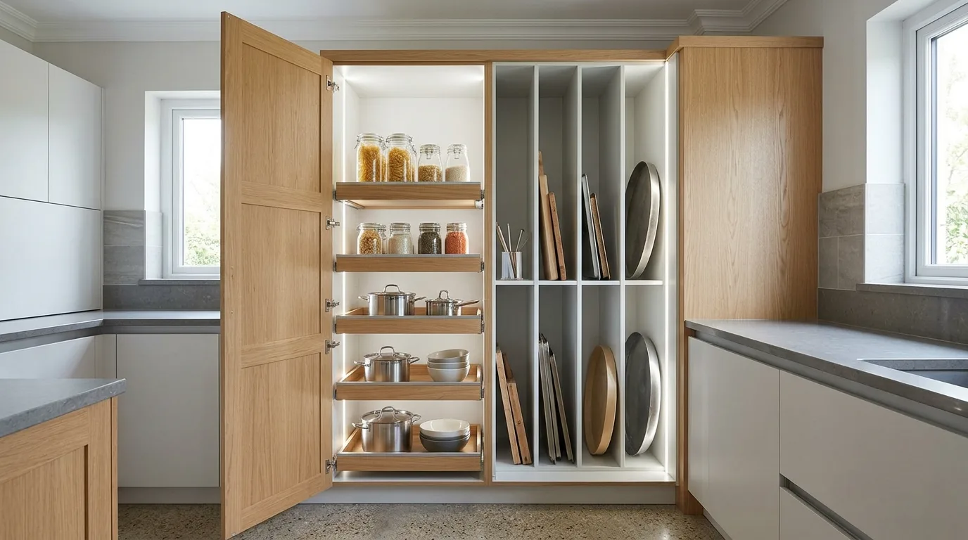 A rustic wood DIY corner cabinet with plank doors and black hardware in a warm interior, no people