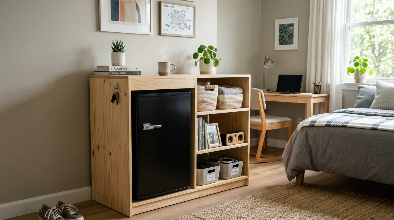 A dorm room DIY mini fridge cabinet with snack shelves built above the fridge in a tidy compact layout, no people