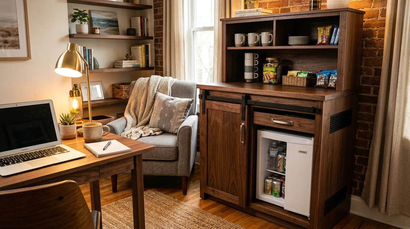 A functional DIY office mini fridge cabinet with sliding doors and beverage storage above, no people