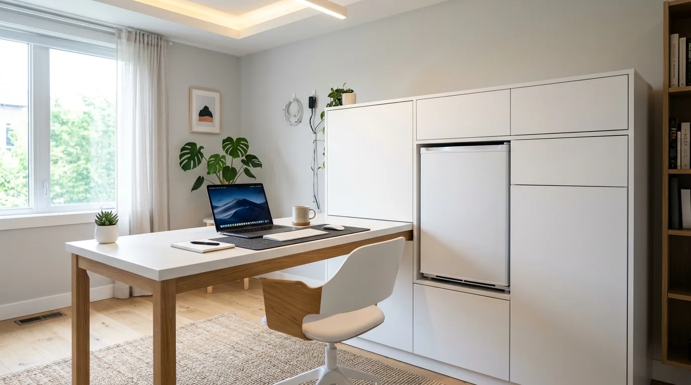 A built in DIY mini fridge cabinet fitted into an alcove with a polished furniture style finish, no people