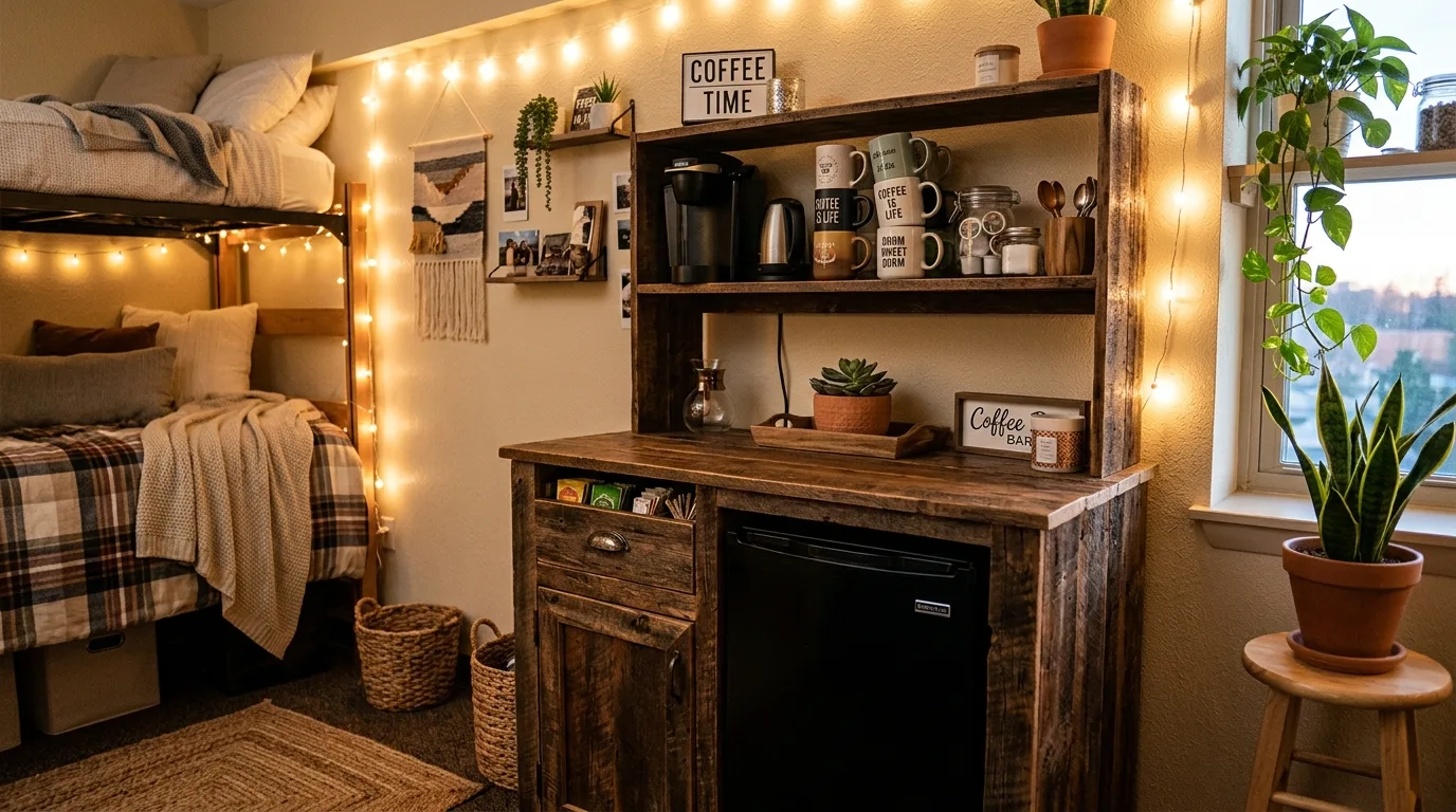 A DIY coffee bar cabinet with a mini fridge tucked under the counter and drink supplies above, no people