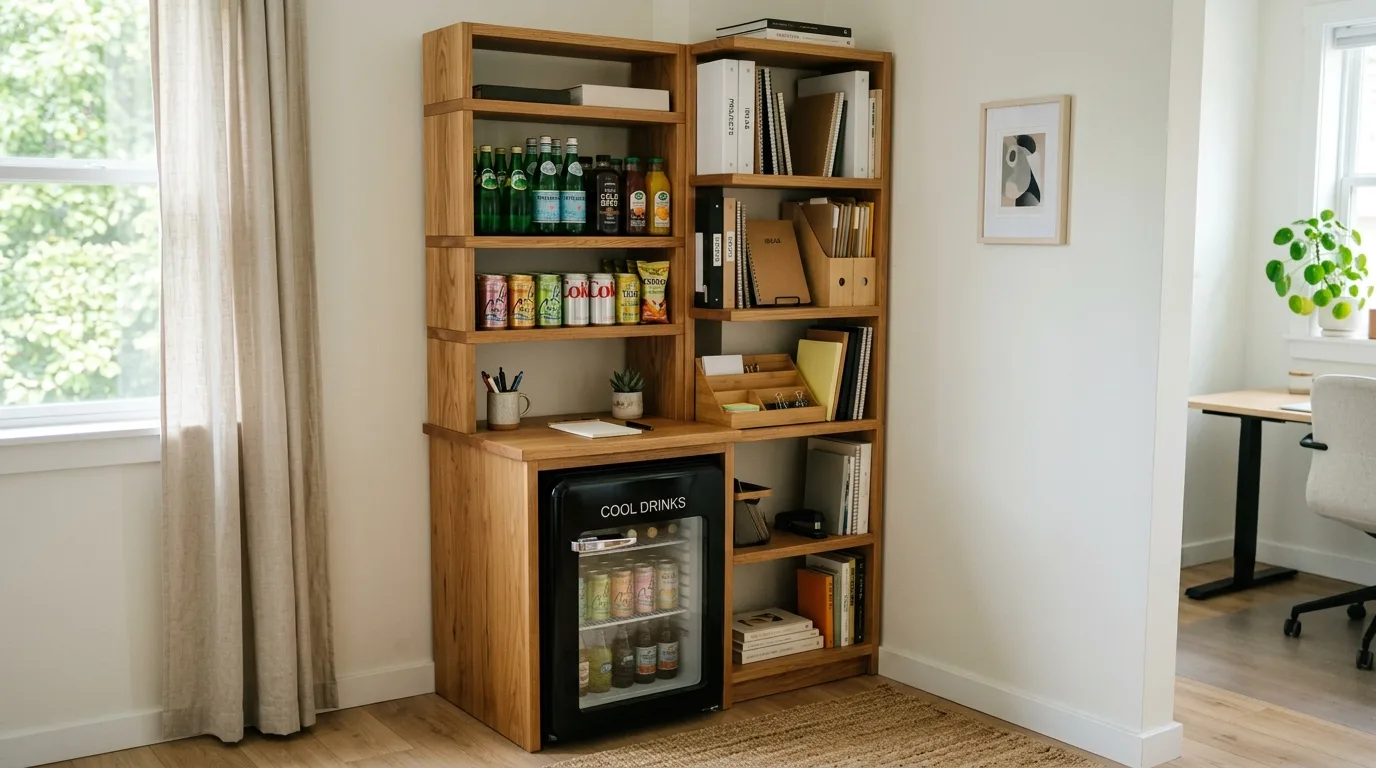 A compact DIY bedroom mini fridge cabinet with side drawers in a neat personal space, no people