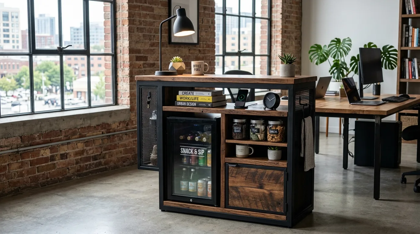 A small home office with a DIY under desk mini fridge cabinet integrated into the workspace, no people
