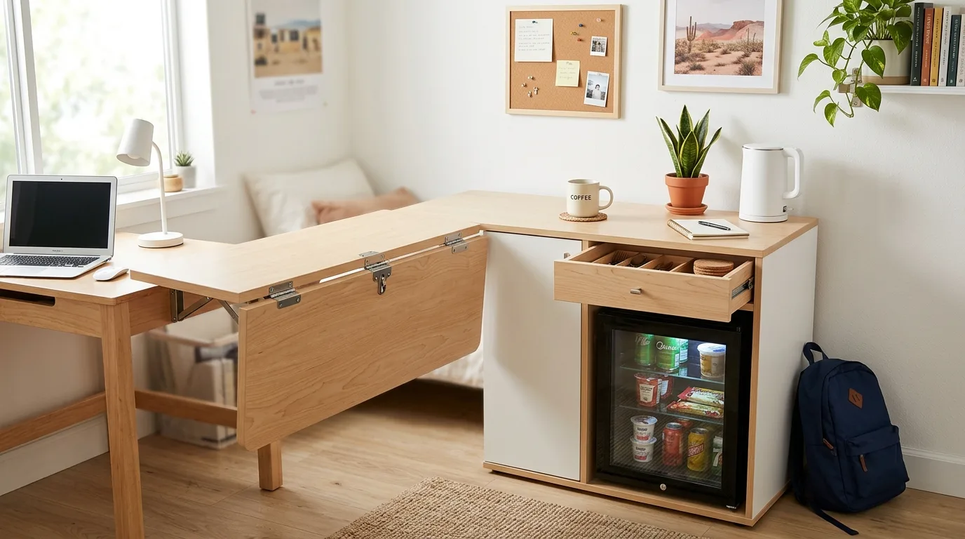 A DIY mudroom drink station cabinet with cubbies above a concealed mini fridge, no people