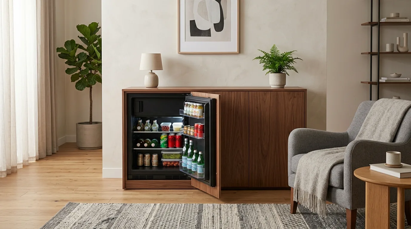 A modern black DIY mini fridge cabinet with proper ventilation and a clean tailored finish, no people