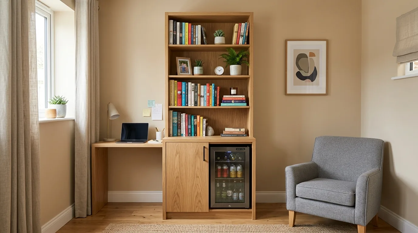 A guest suite DIY mini fridge cabinet with a microwave shelf above and organized hospitality storage, no people