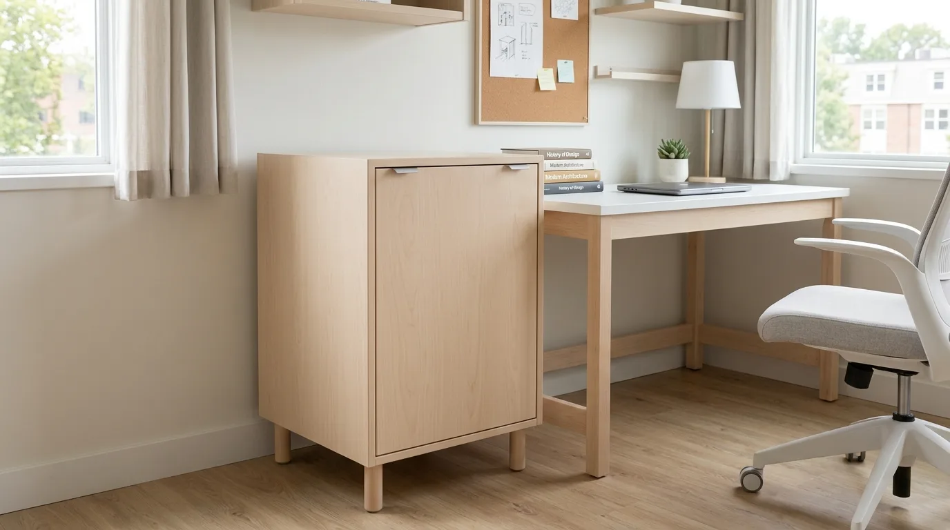 A rolling DIY mini fridge cabinet cart designed for flexible dorm or small room living, no people