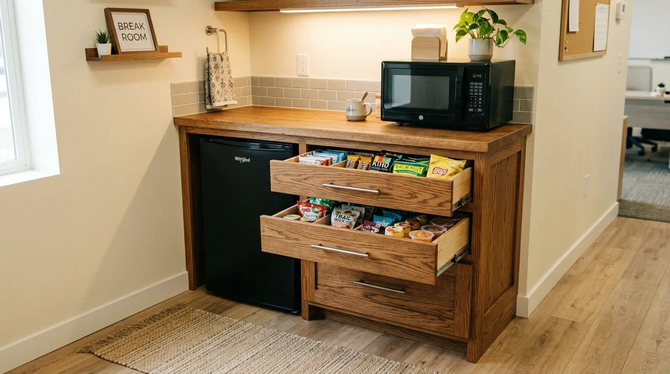 A warm wood topped DIY mini fridge cabinet with pantry style doors above for hidden snack storage, no people