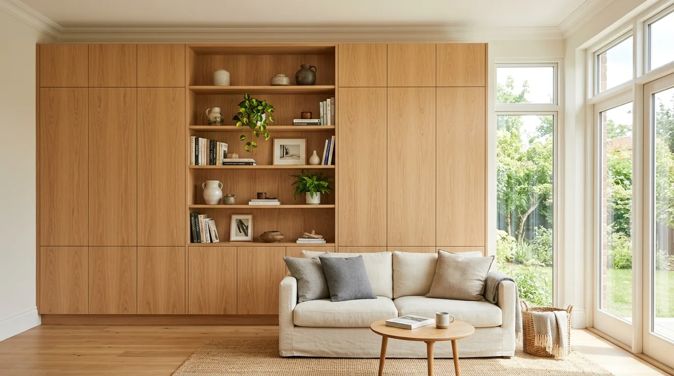 A grand DIY floor to ceiling living room cabinet wall with closed lower storage and open upper niches, no people