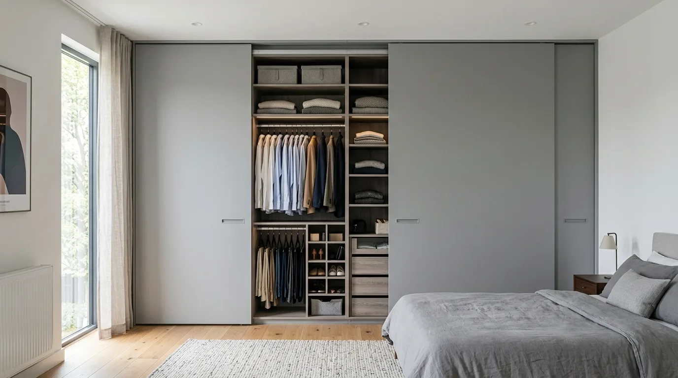 A library style DIY floor to ceiling cabinet wall framing a central window seat with elegant storage, no people