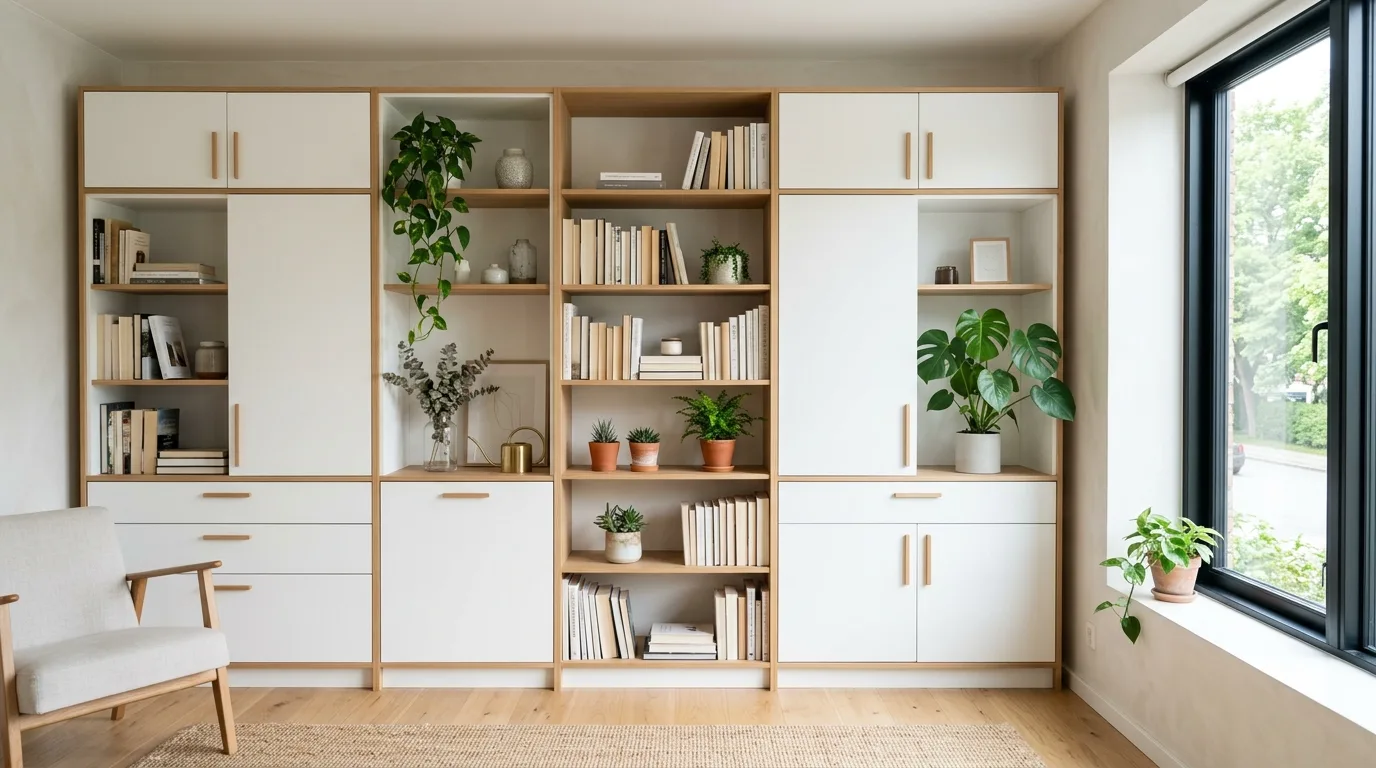 A DIY office floor to ceiling cabinet wall with a hidden printer bay and organized file drawers, no people