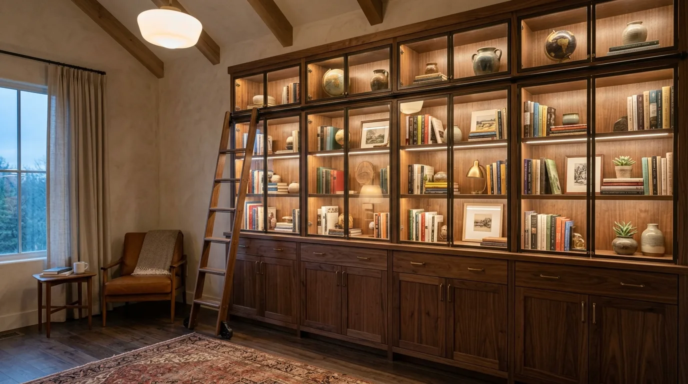 A tall DIY dining room cabinet wall with glass china display cabinets and lower closed storage, no people