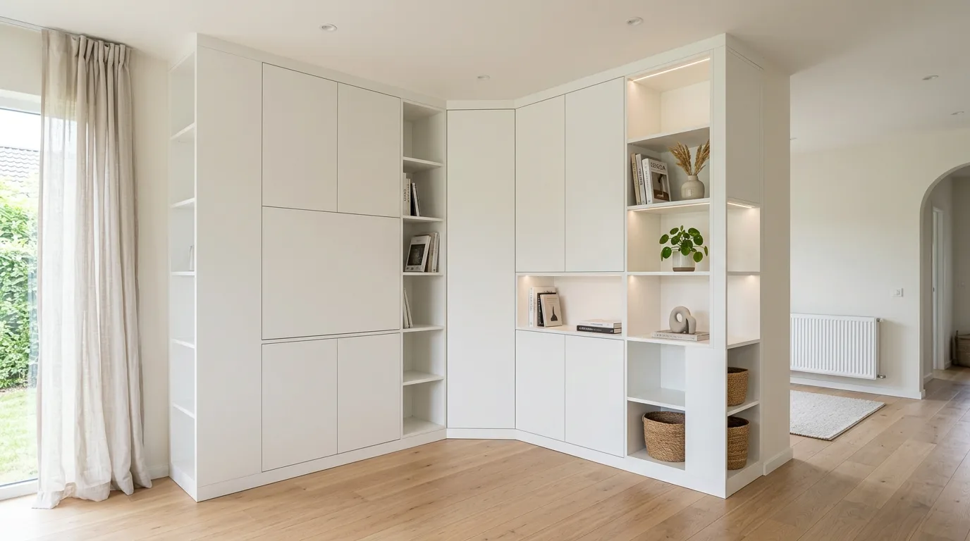 A full height DIY entry cabinet wall with hidden coat storage and shoe pull out sections, no people