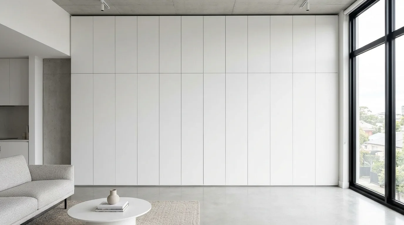 A DIY craft room floor to ceiling cabinet wall with labeled storage zones for organized supplies, no people