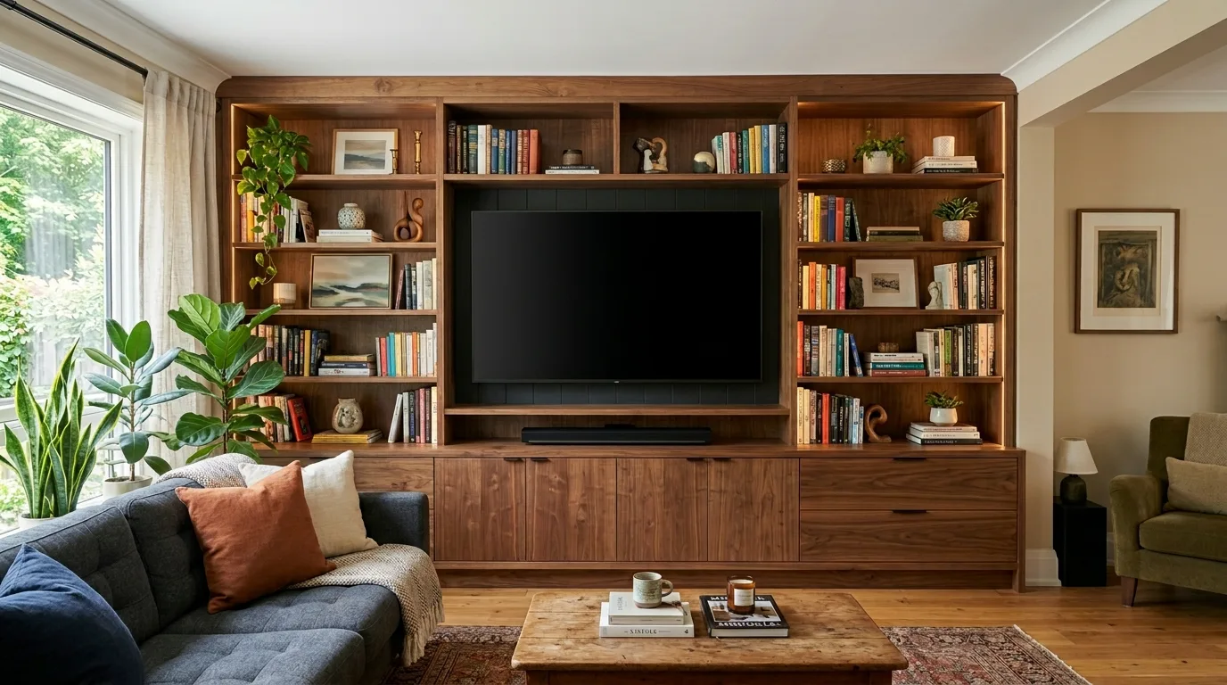 A shallow DIY floor to ceiling hallway cabinet wall transforming a blank passage into storage, no people