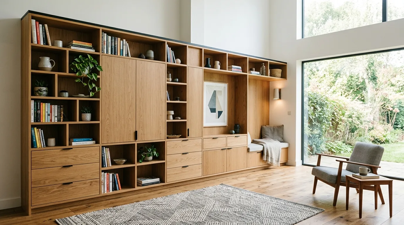 A minimal oak DIY floor to ceiling cabinet wall with push latch doors and a seamless modern look, no people