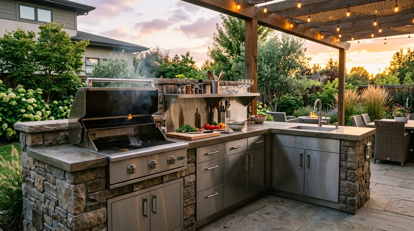 A DIY outdoor kitchen cabinet setup with a stone base and stainless cabinet doors around a grill, no people