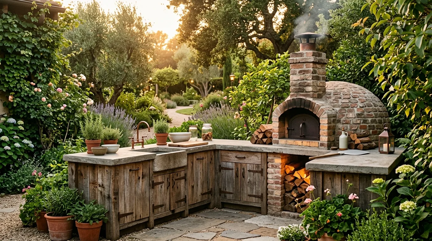 An L shaped DIY outdoor kitchen cabinet run with a prep counter and sink for backyard cooking, no people