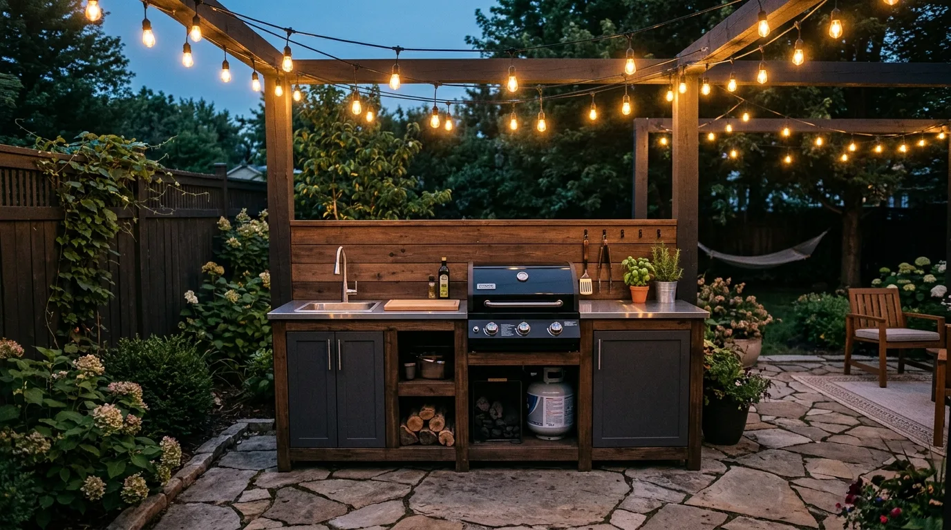 A sturdy DIY outdoor kitchen cabinet built with concrete block and warm wood front panels, no people