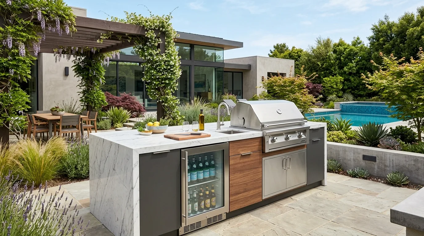 A compact DIY outdoor kitchen grill cabinet designed for a narrow patio entertaining space, no people