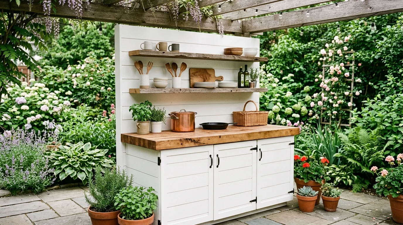 A rustic cedar DIY outdoor kitchen cabinet with open cubbies for trays and firewood storage, no people