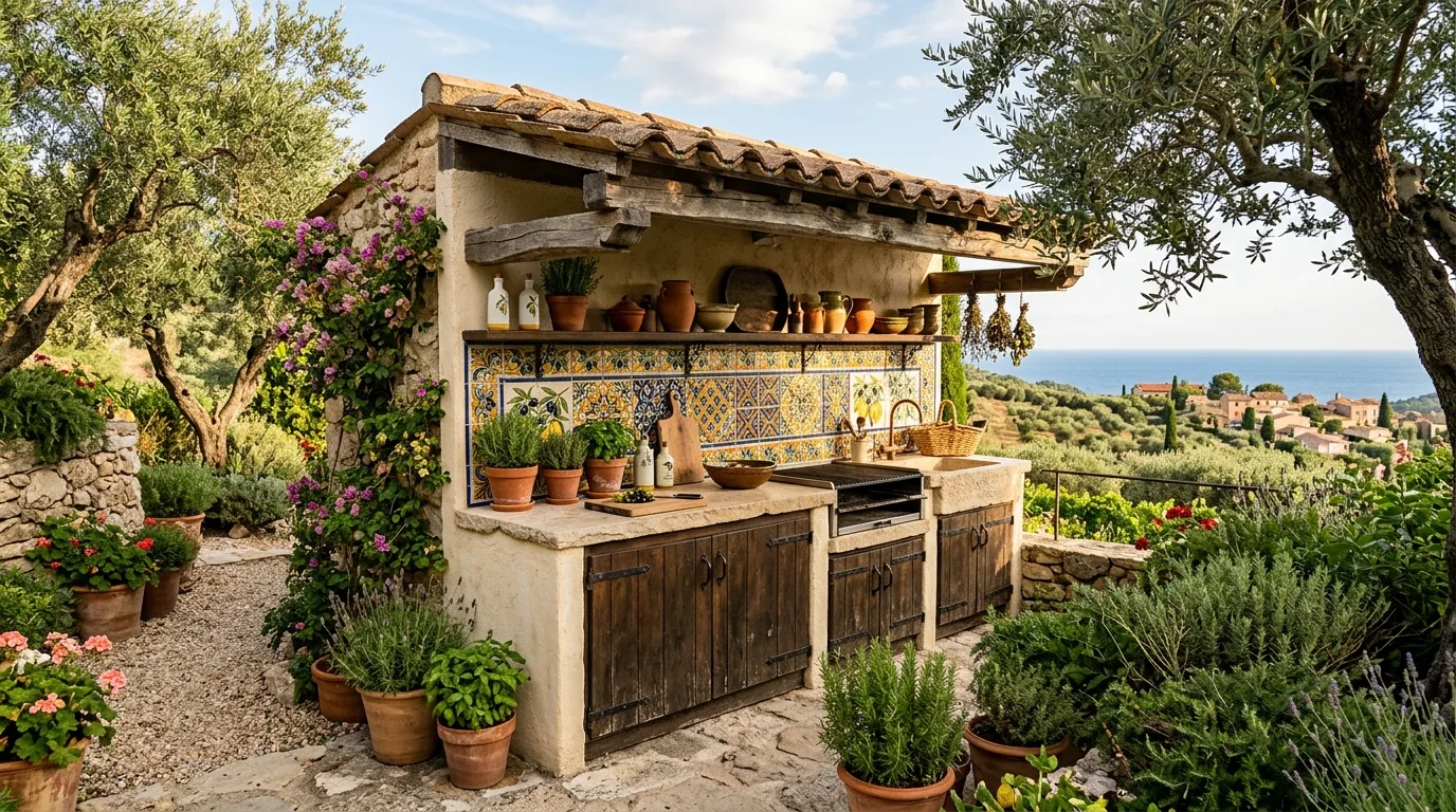 A modern black DIY outdoor kitchen cabinet wall with a light quartz look countertop, no people