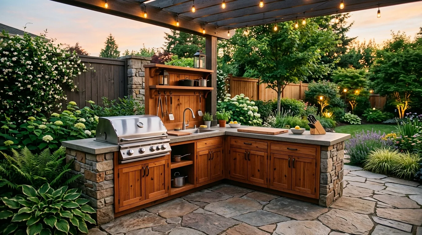 A DIY outdoor kitchen cabinet run tucked beside a pergola dining zone in a backyard, no people