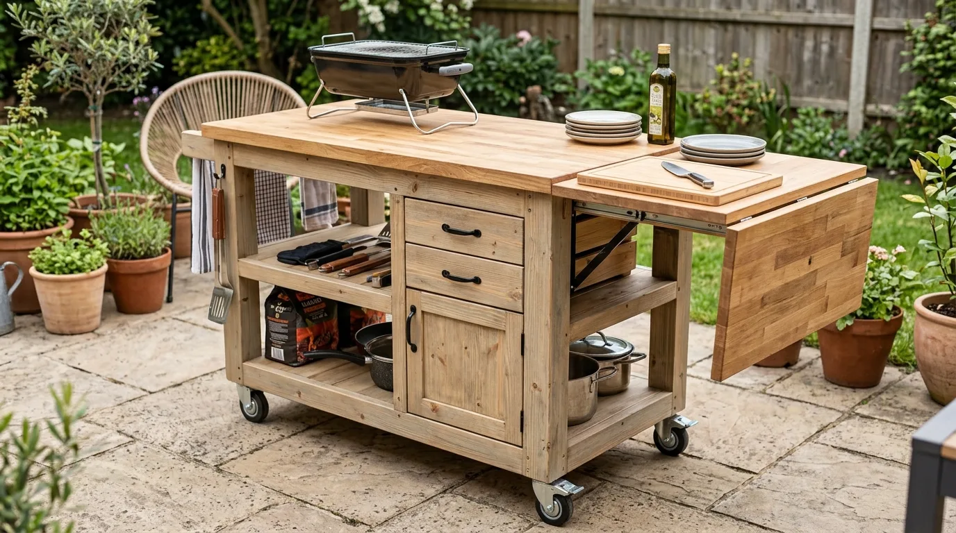A DIY outdoor kitchen cabinet with decorative tile facing and Mediterranean backyard style, no people