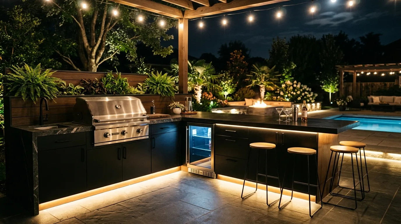 A freestanding DIY outdoor grill island cabinet with storage on both sides in an open patio, no people