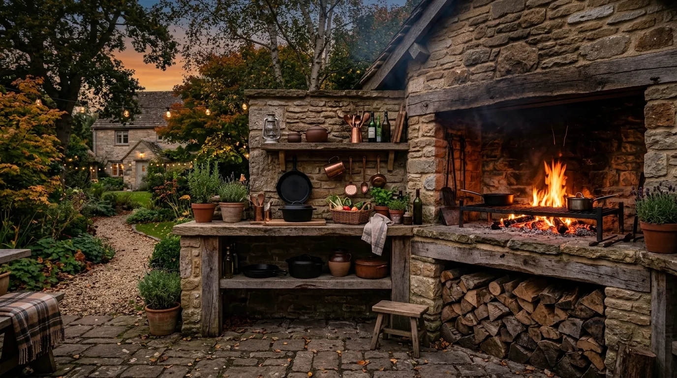 A DIY outdoor kitchen cabinet with hidden trash storage and a towel drawer beside the grill, no people
