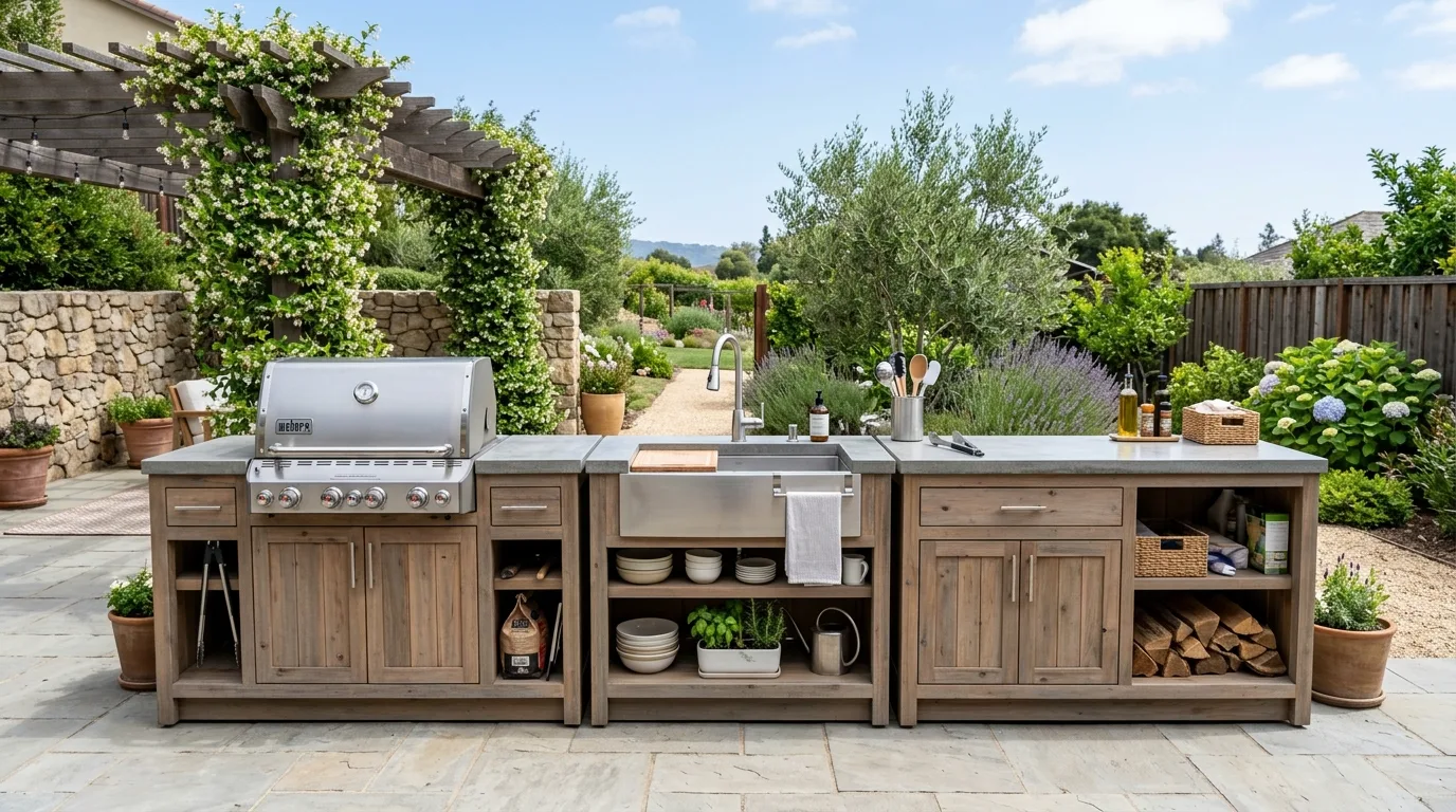 A DIY backyard smoker cabinet station with lower charcoal storage and prep space, no people