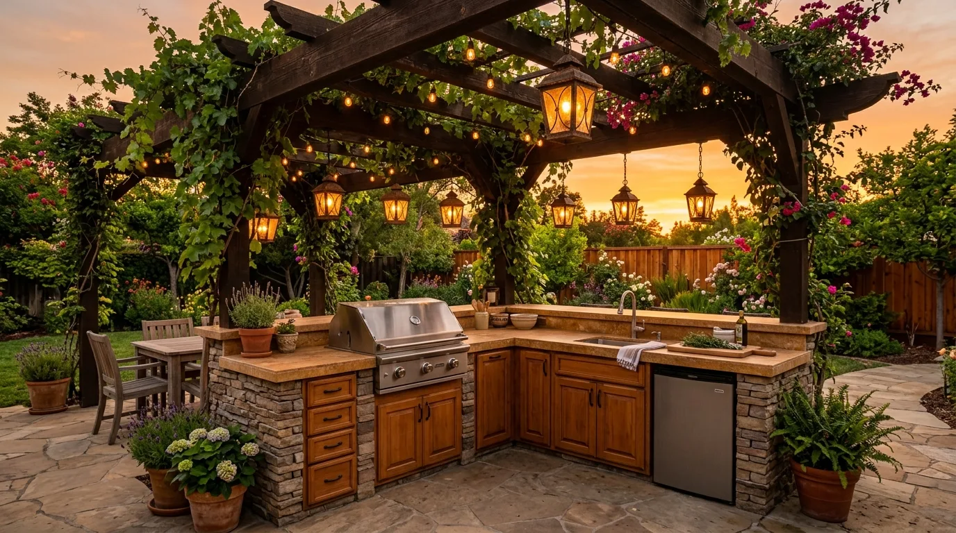 A DIY outdoor kitchen cabinet run anchored by a pizza oven at one end in a stylish backyard, no people