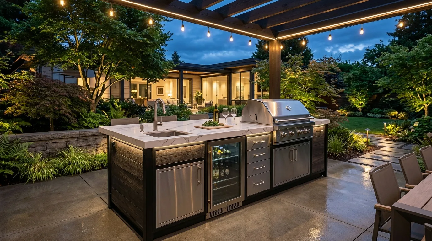 A poolside DIY outdoor kitchen cabinet with weatherproof doors and bright counters for summer entertaining, no people