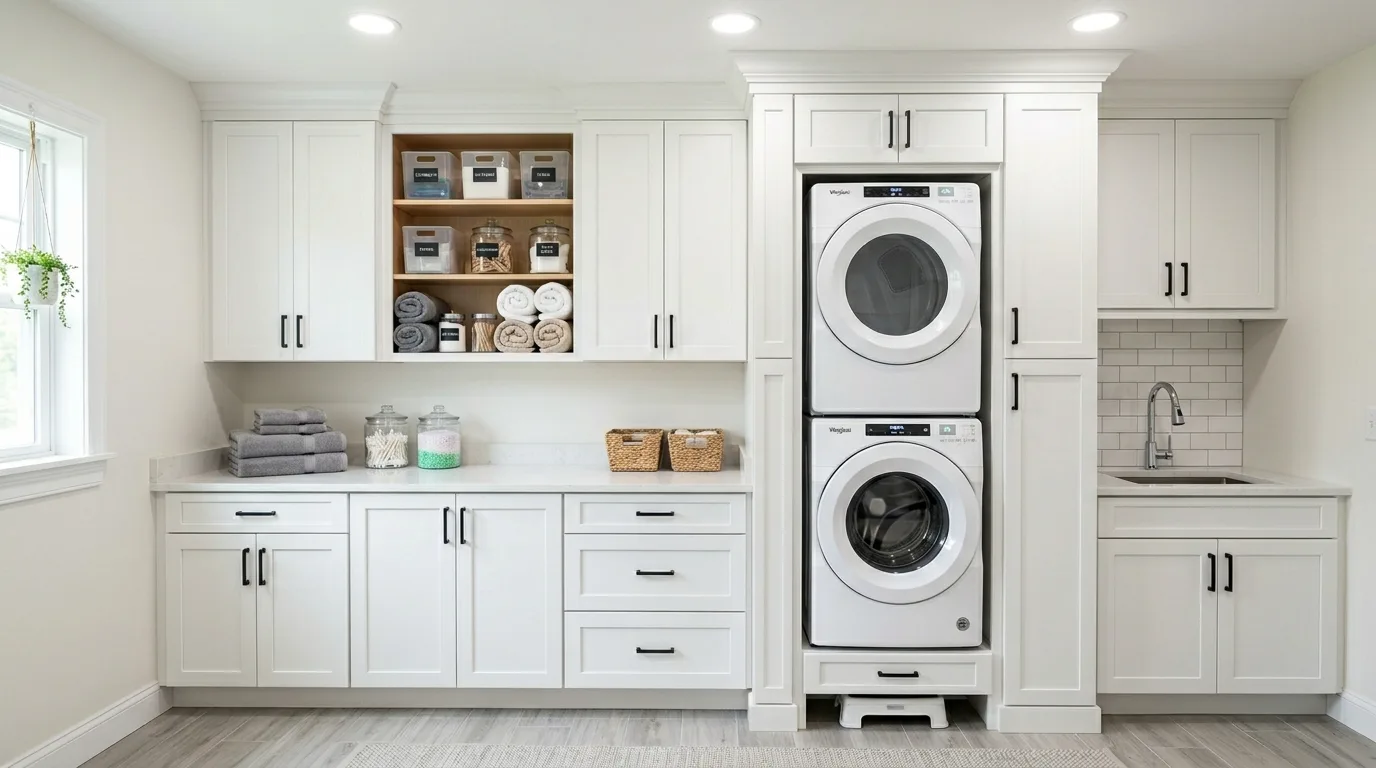 A DIY laundry cabinet surround for washer and dryer with a tall cleaning supply cabinet beside them, no people