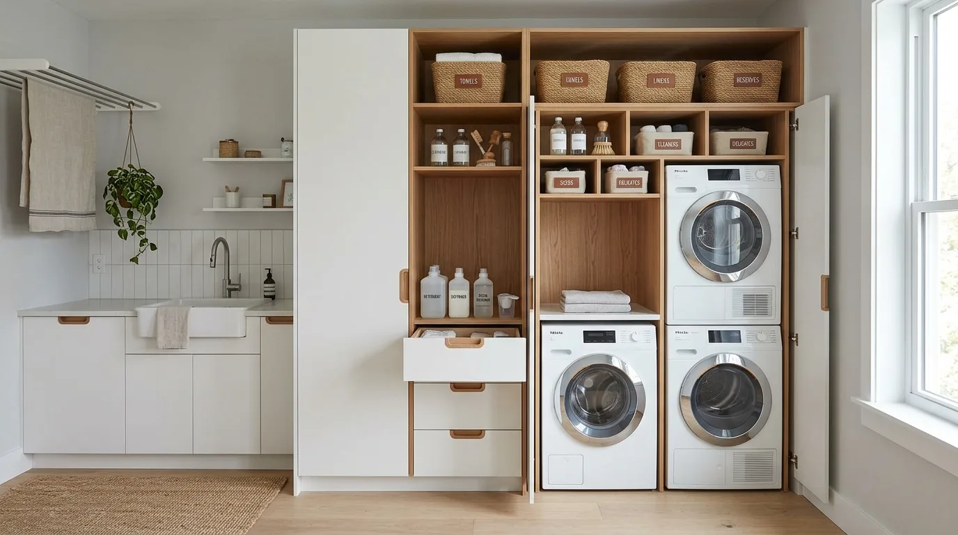 A DIY laundry cabinet wall with a folding counter above front loading machines and upper cabinets, no people