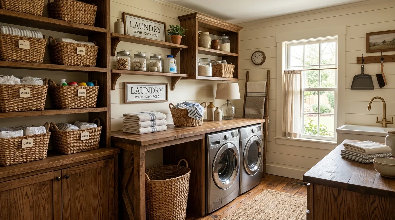 A slim DIY laundry cabinet tower with pull out sorting hampers beside the washer and dryer, no people