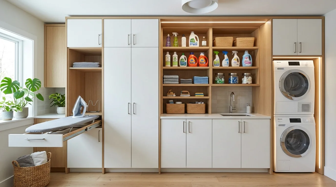 A combined mudroom and DIY laundry cabinet setup with a bench hooks and closed storage, no people