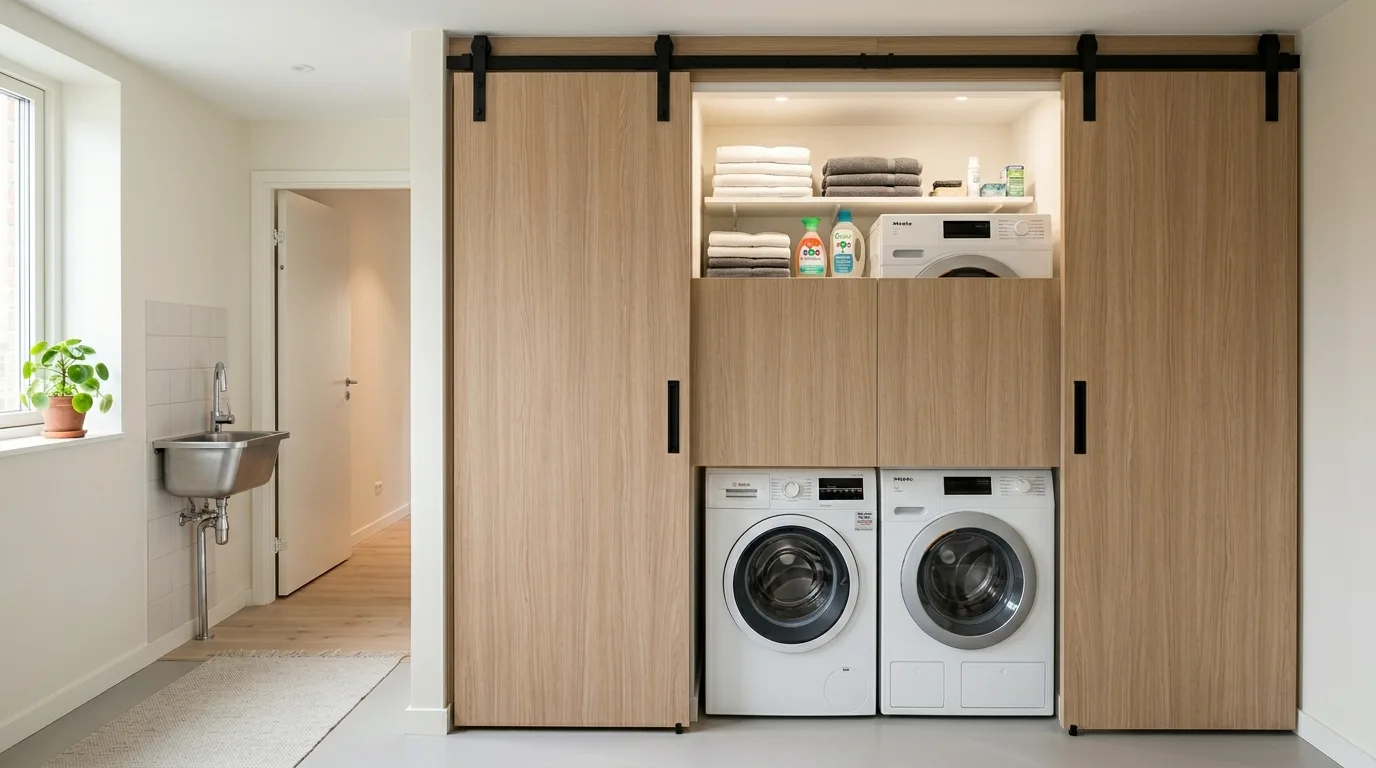 A farmhouse style DIY laundry cabinet with beadboard doors and a warm wood countertop, no people
