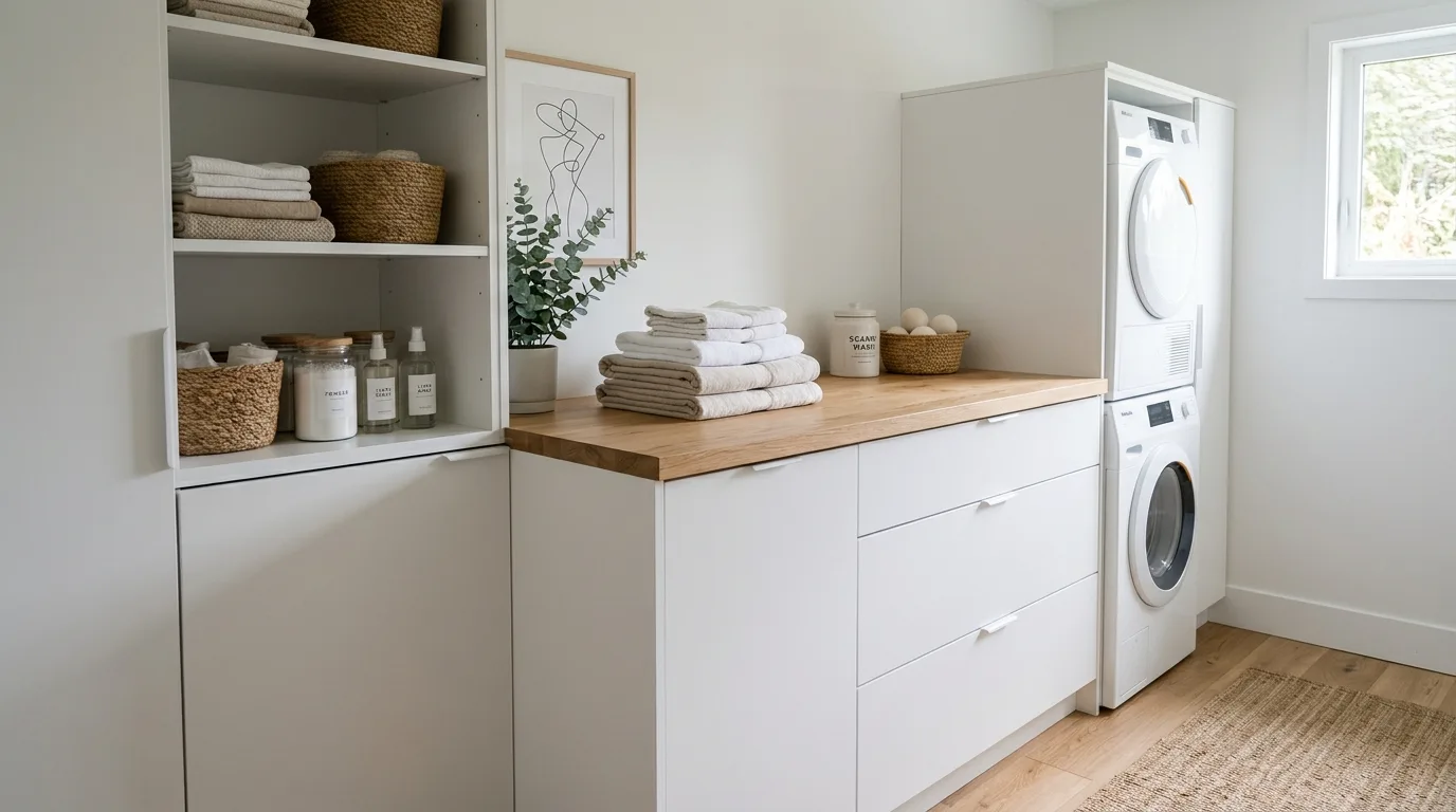 A small DIY laundry cabinet setup with stacked machines and a broom closet beside them, no people