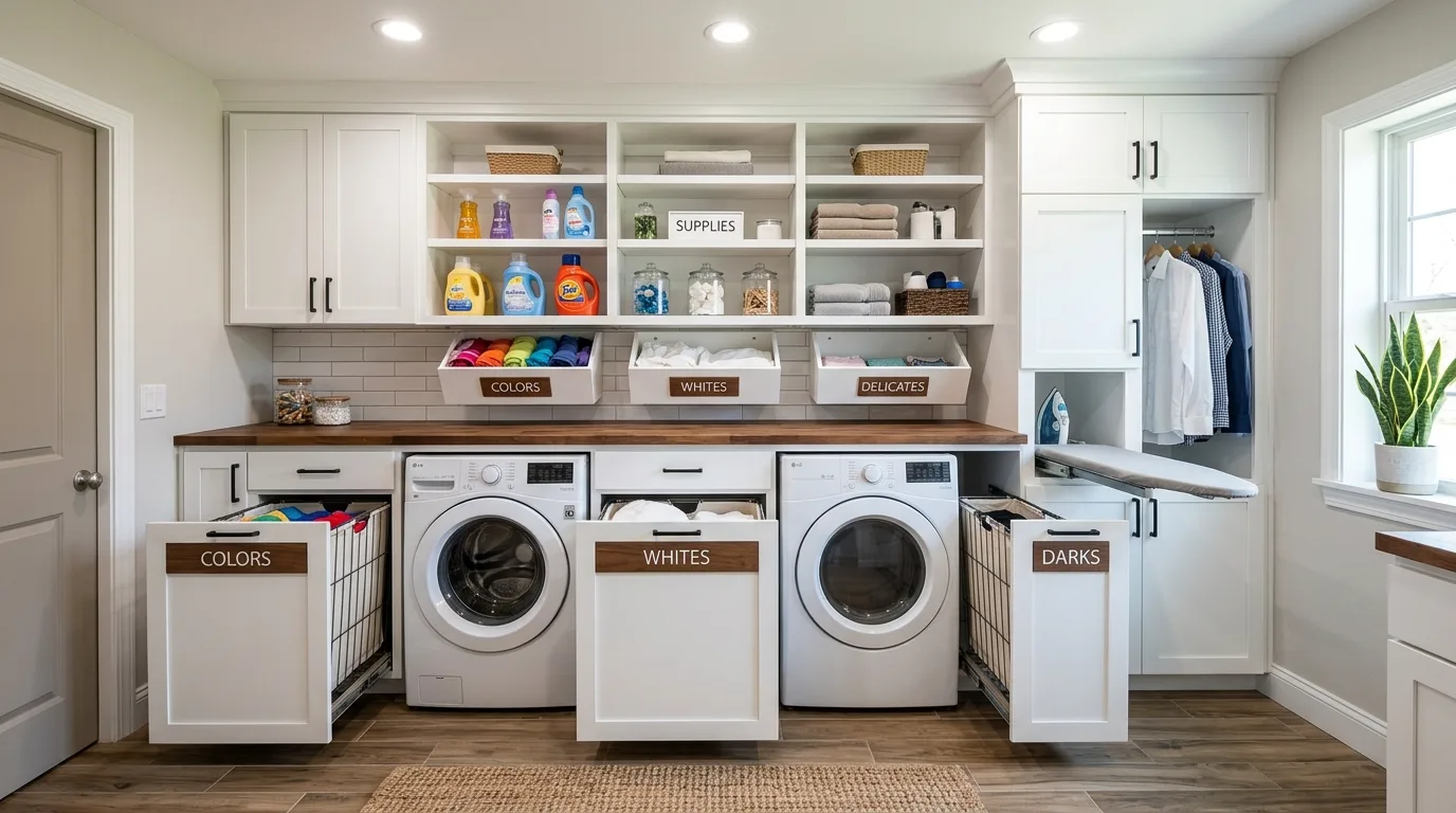 A DIY laundry cabinet wall with floating shelves above and hidden lower bins below, no people